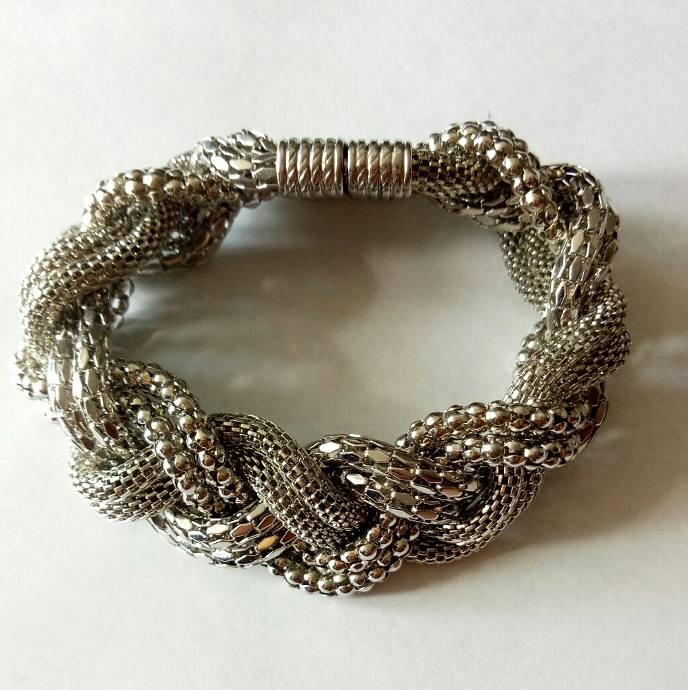 Silver tone mesh braided magnetic bracelet
